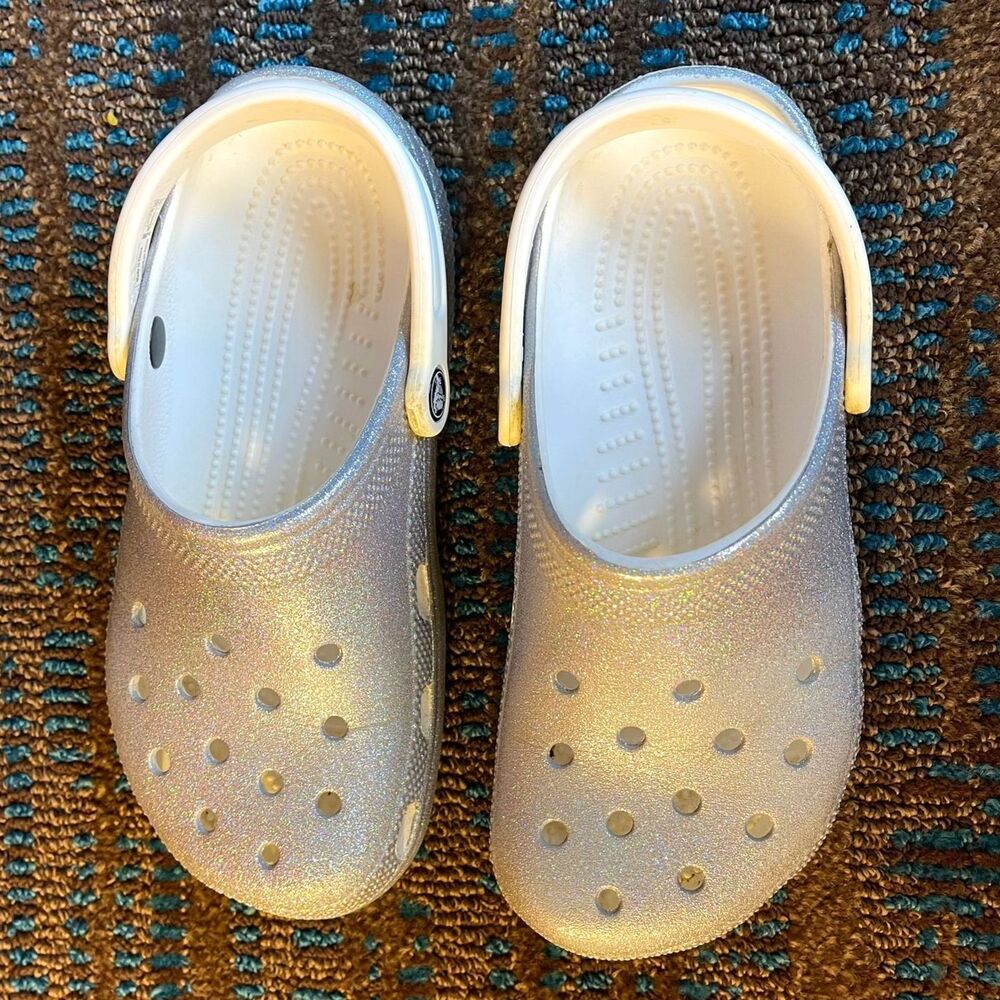 Women’s Crocs Clog Silver Glitter Slip On Shoes Size 6